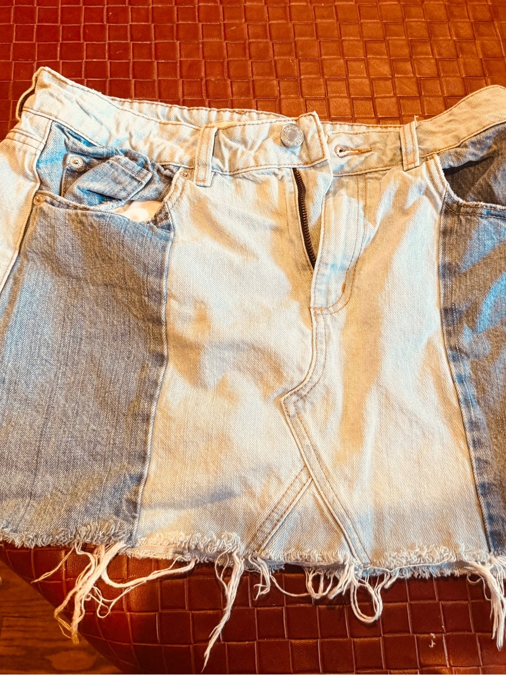 GARAGE Two-Tone Distressed Denim Mini Skirt - Light & Medium Wash